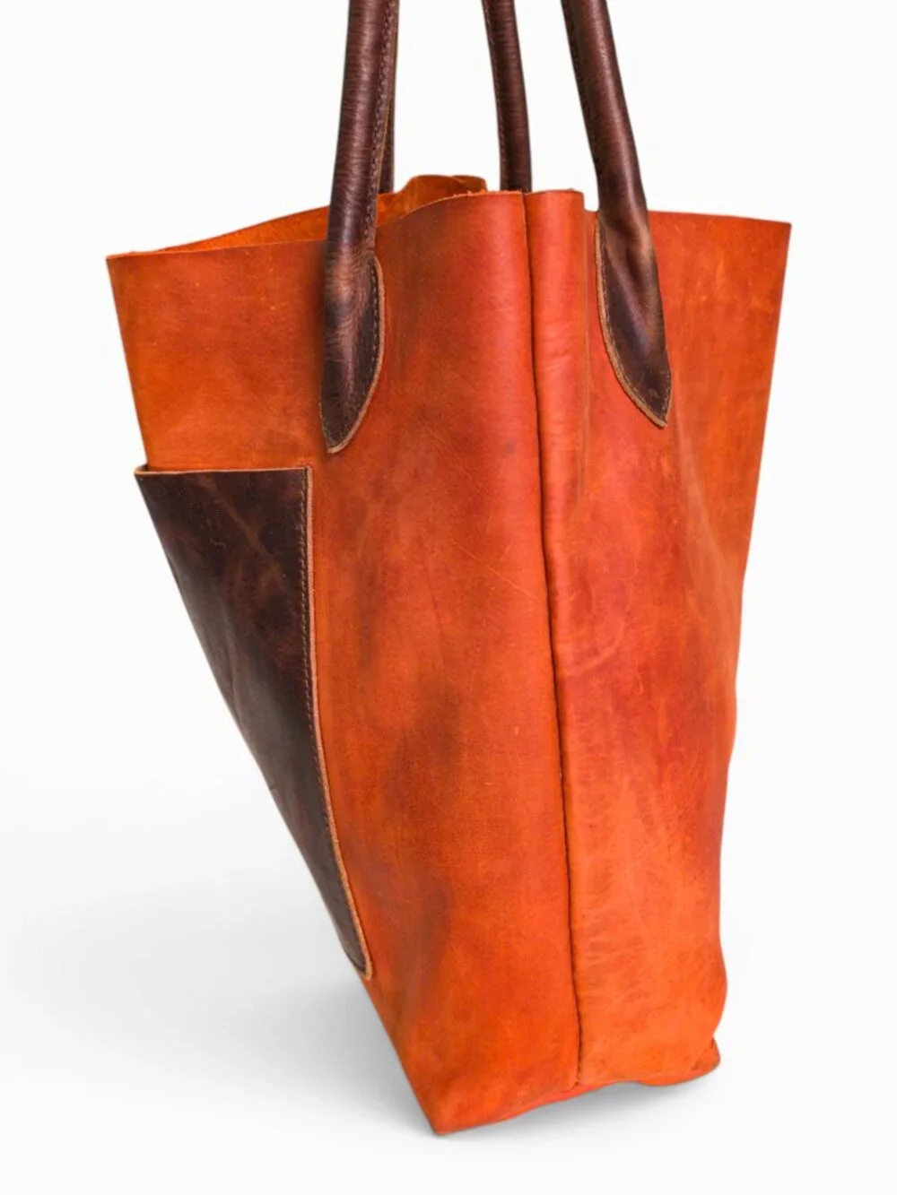 Artisan Orange Nubuck Leather Tote with Brown Leather Accent, 15